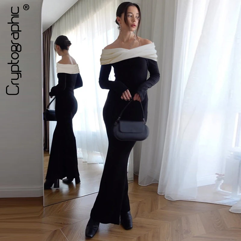 Cryptographic Elegant Off Shoulder Long Sleeve Maxi Dress Night ClubOutfits for Women Party Sexy Bodycon Dresses Gown Clothes