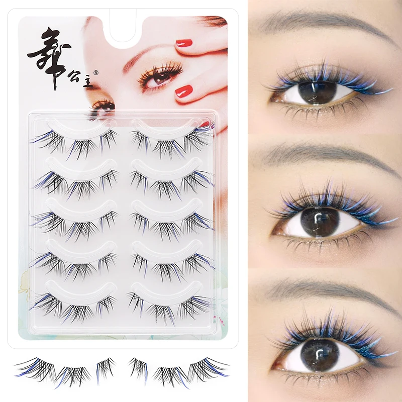5 Paar Blaue Gemischte Farbige Künstliche Wimpern Natürliche Stachelige Manga-Wimpern Weiche Flauschige Streifenwimpern für Cosplay & Party-Make-up – Detail 4