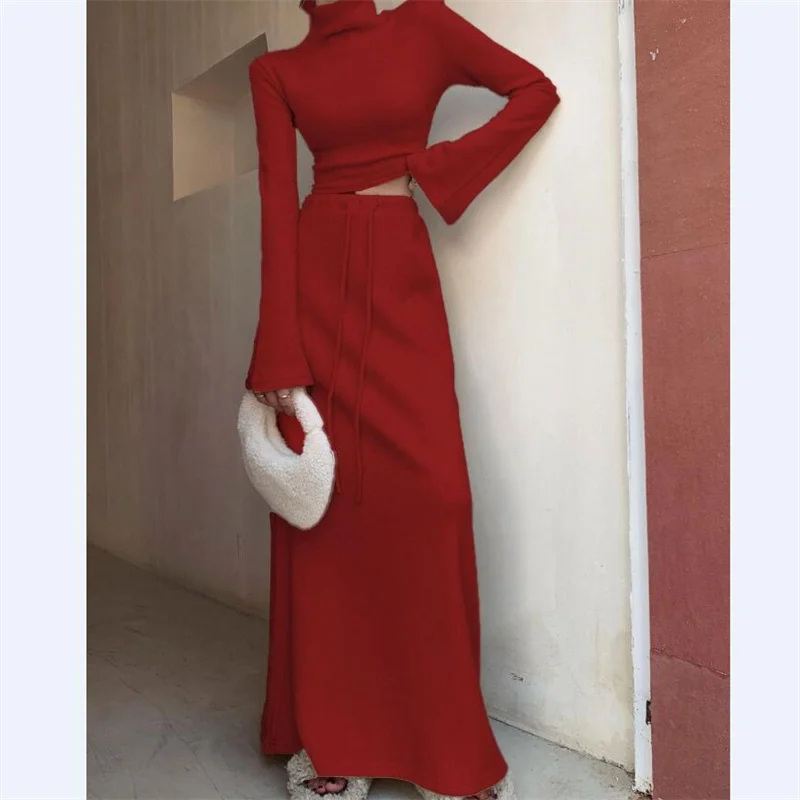 

New Year's Red Robe Retro Women Girl Half High Neck Top and High Waist Long Skirt Two Piece Set Autumn Dress Sets