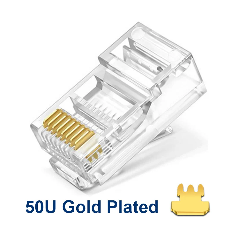 OULLX 20/50/100PCS 50U Cat6 Cat6e RJ45 1000Mbps Ethernet Cables Module Plug Network Connector RJ45 Crystal Heads Gold Plated