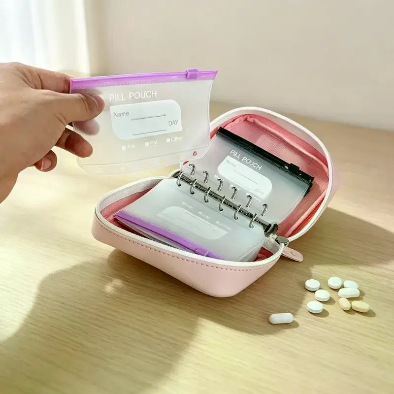 Travel Pill Organizer Binder With7/ 14 Coded Zipper Pouches Waterproof Exterior 3-Ring Writable Labels Crush-Resistant Shell