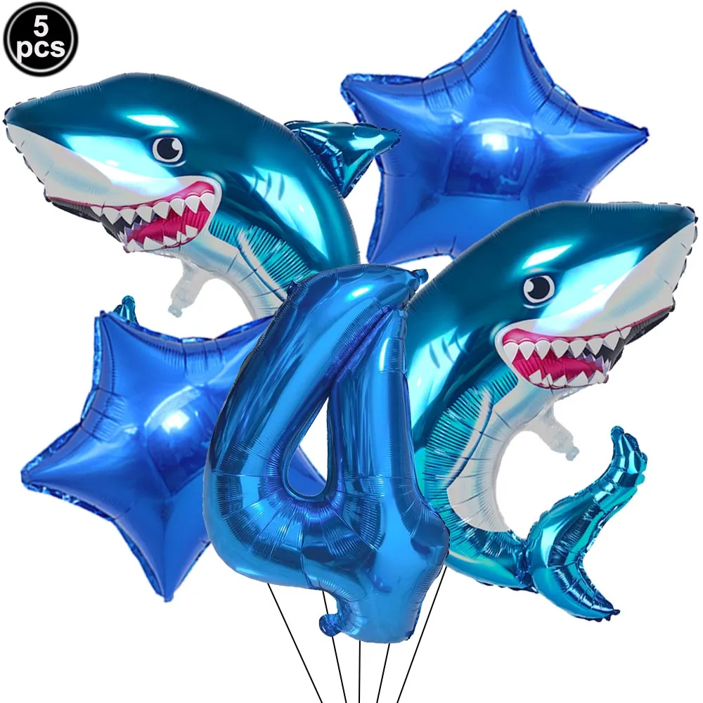 5pcs Cartoon Blue Shark Number Digital Balloons Set Boys Ocean Marine Animals Birthday Party Decor Supplies Kids Favor Gifts