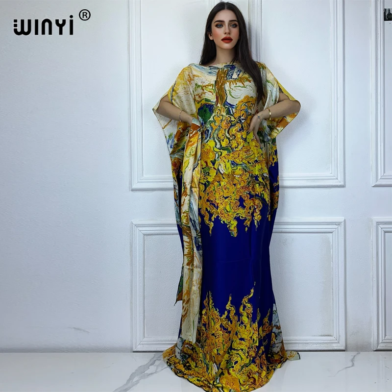 WINYI Catwalk model abaya women muslim sets dress african dubai abaya Crew Neck print Kaftan Elegant Maxi Length Dress