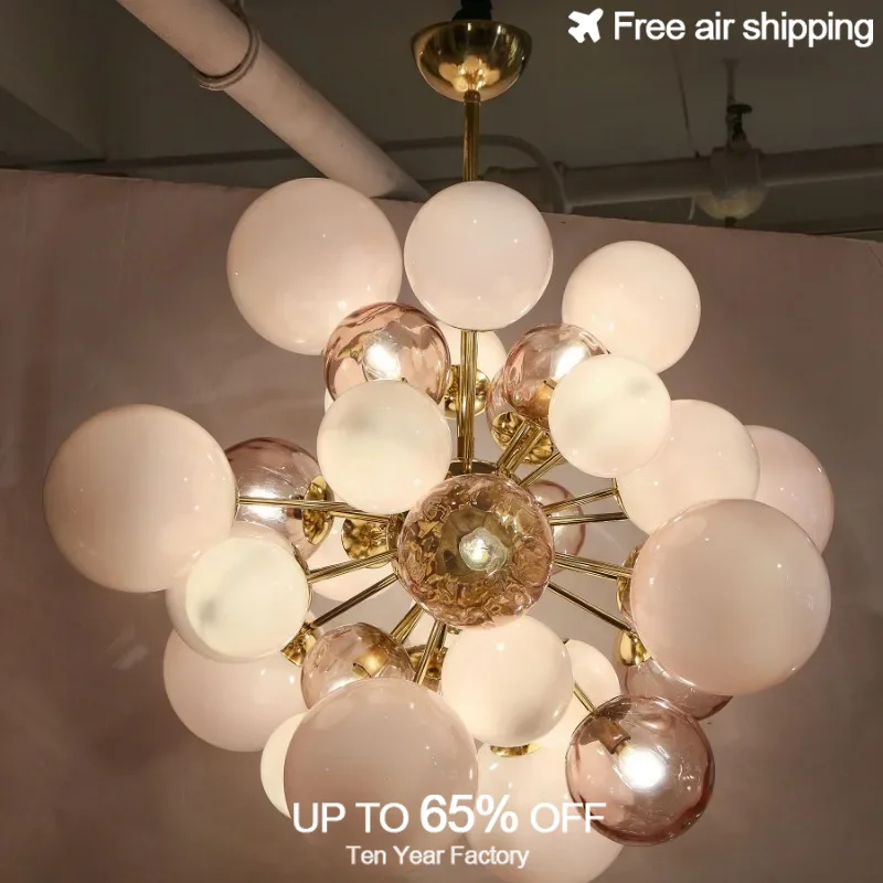

Pink Art Deco Glass Ball Chandelier LED Hanging Light for Bedroom and Lobby Modern Designer Ceiling Pendant Lamp Dimmable Lighti