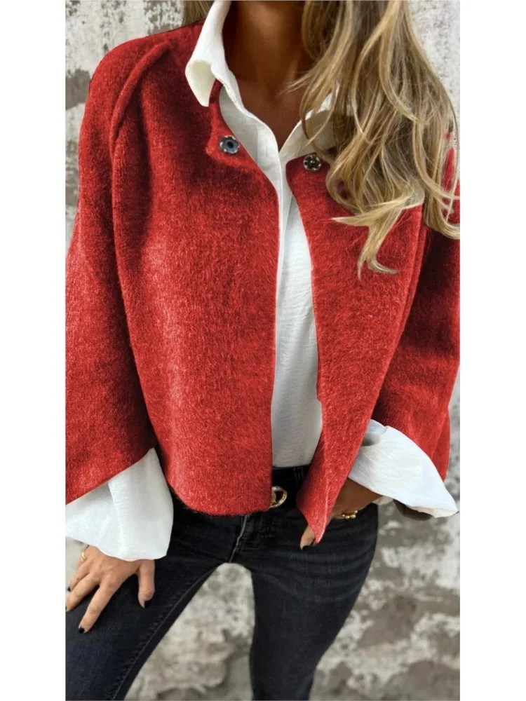 2024 Autumn Winter Loose Short Imitation Cashmere Long Sleeved Jacket Coat Women\'s Fashion Casual Solid Color Jacket