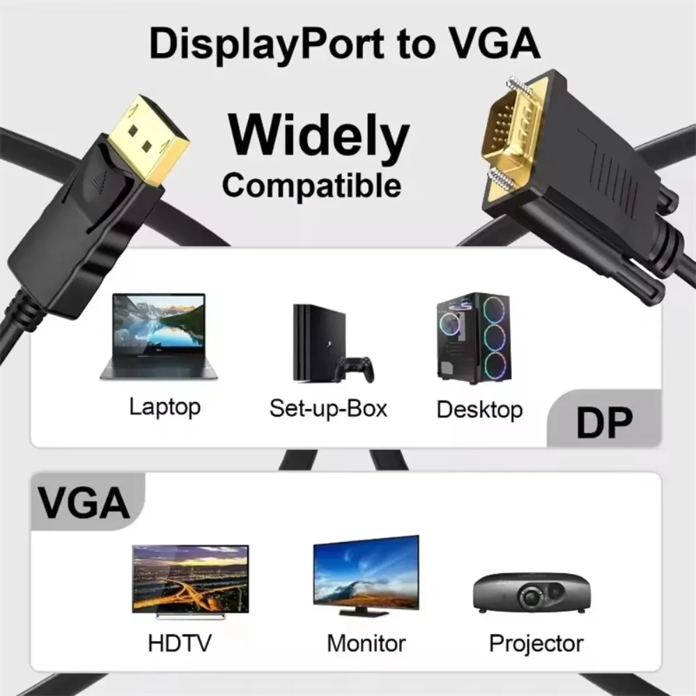 1.8m 1080P DisplayPort DP To VGA Adapter Cable DP Male To VGA Male Video Cables for PC TV Laptop Projector DP Conversion Cables
