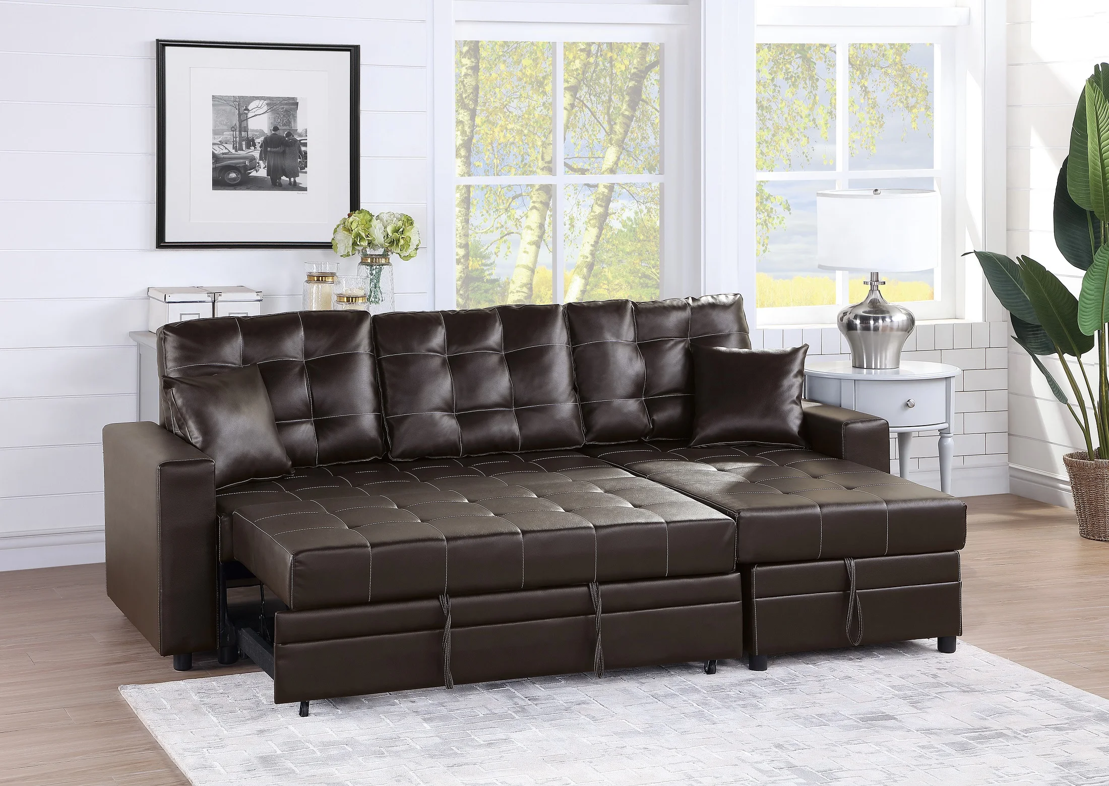 

Espresso Convertible Sectional Pull Out Bed Sofa Chaise Reversible Storage Chaise Polyfiber Tufted Couch Lounge