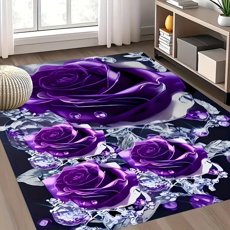 VIKAMA Elegant Purple Rose Carpet Machine Washable Rug for Living Room Home Large Area Rug Floor Mat Camping Mat Bedside Rugs