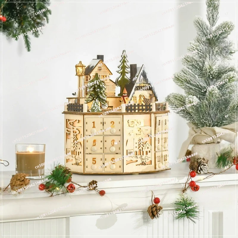 Suitable for Wooden Countdown Christmas Arrival Calender Packaging Light Emitting Diode Lights Battery Round Village