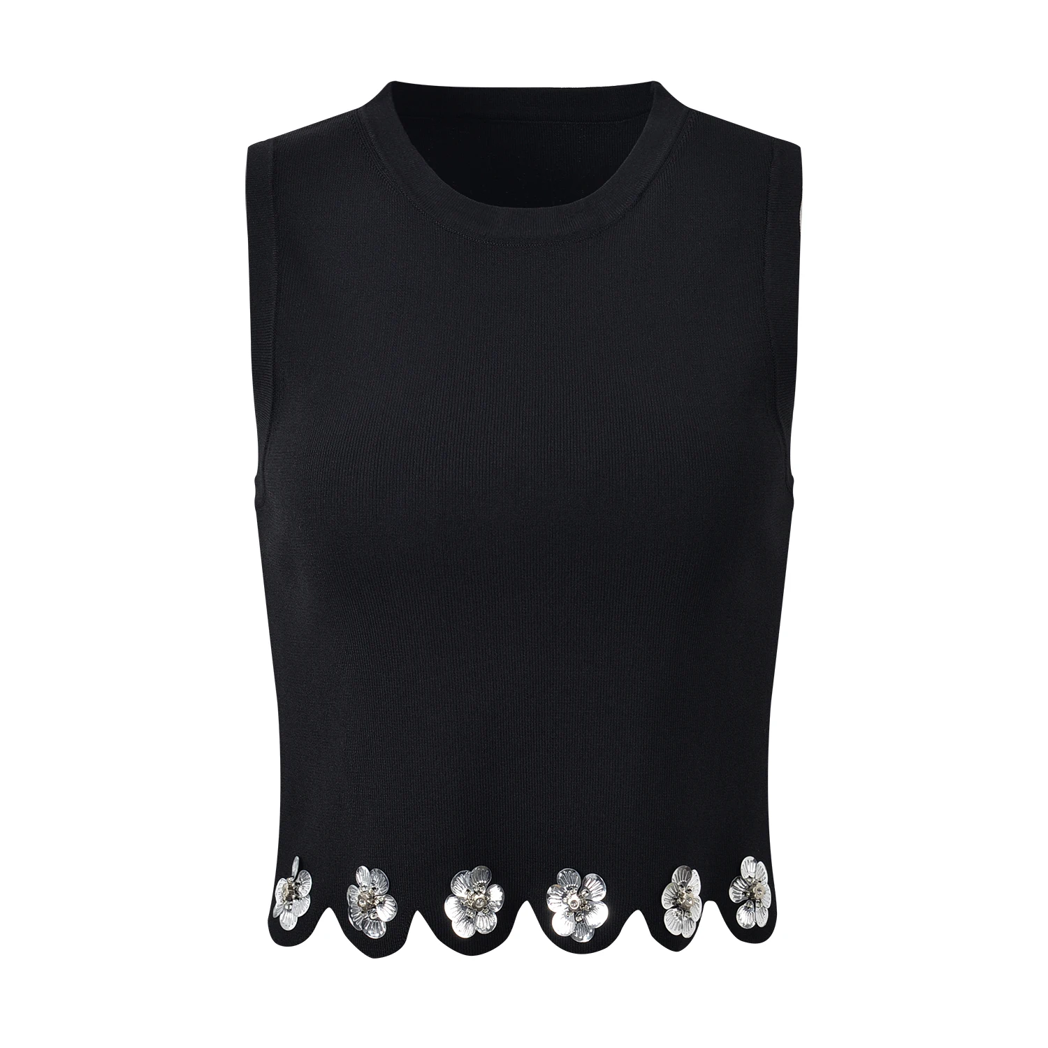 High-End European Style Women's Fashion Knitted Vest Top And Sequin Flower Half-length Skirt Set Elegant Black Color