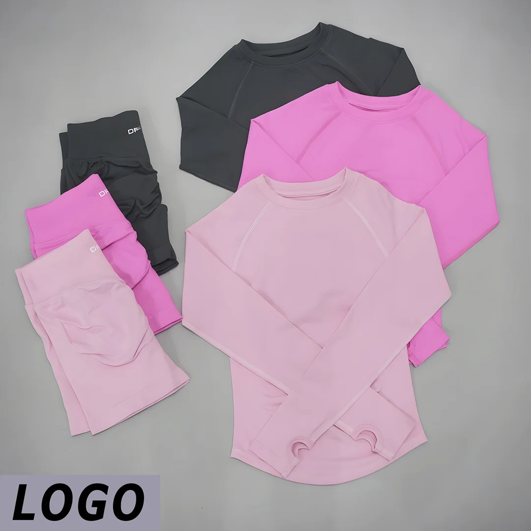 DF LOGO Women 2‑Piece Ribbed Seamless Knit Yoga Workout Set Long Sleeve Cropped Top Tummy Control Elastic Shorts Gym Running