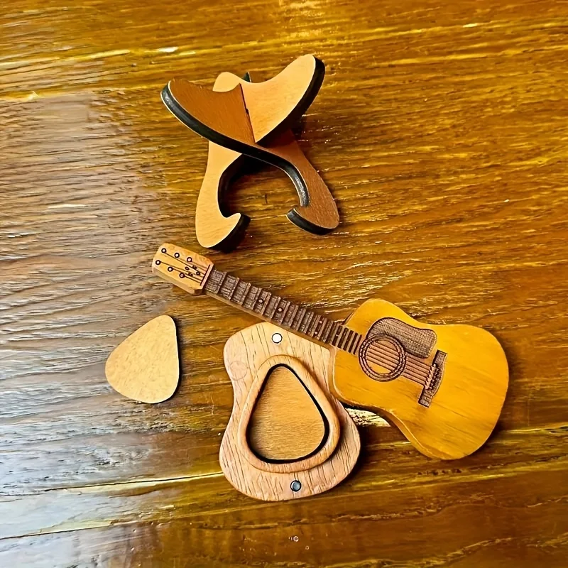 حامل اختيار الجيتار و3 أعواد خشبية، صندوق تخزين للاعبي الجيتار والقيثارة - إكسسوارات من الخشب الطبيعي