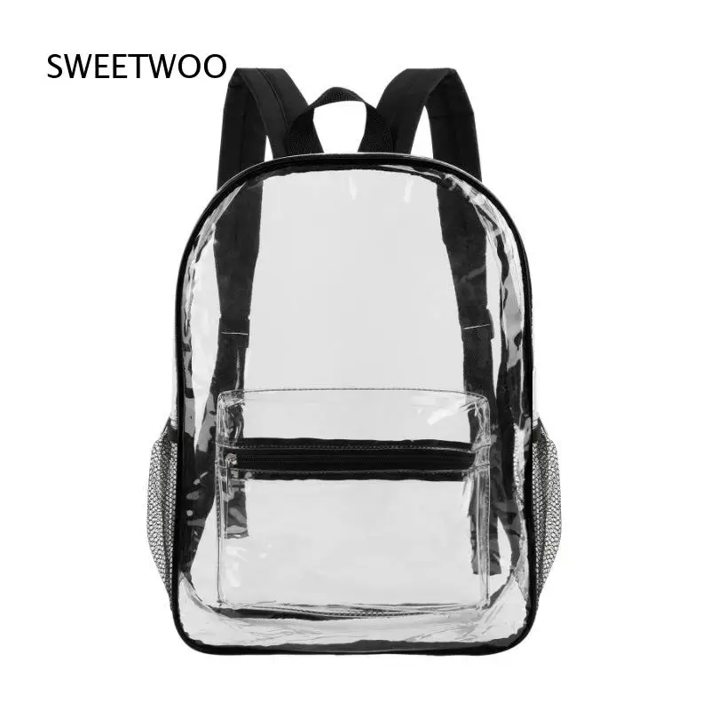 Clear PVC Transparent Backpack Black Trim Heavy Duty See Through School Travel Daypack For Students