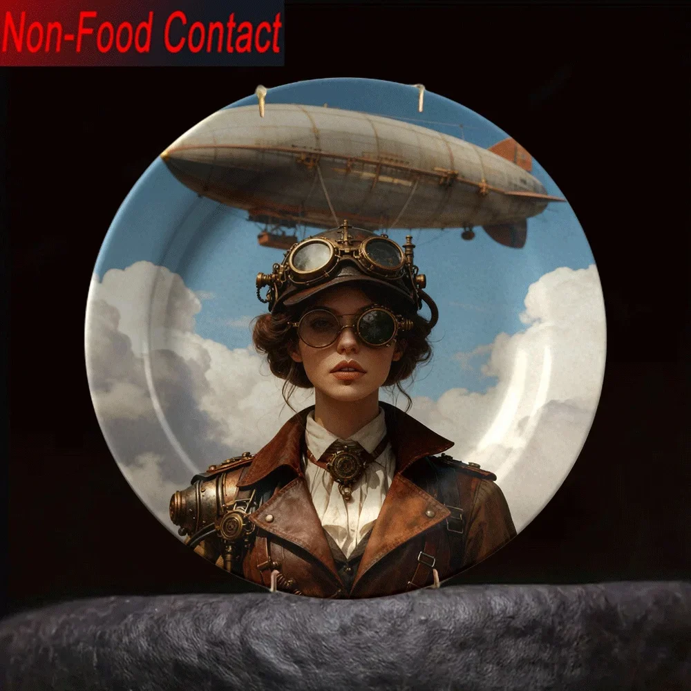 2D Flat, 1pc Steam Punk Ceramic Plate - Vintage Airship & Goggles Girl Design, Non-Food Contact Decorative Round Plate for