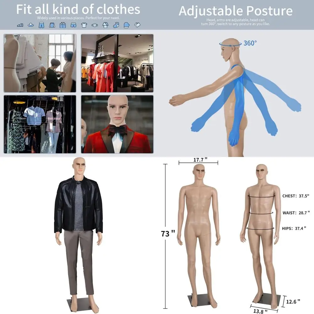 

Adjustable 73 Realistic Male Mannequin with Detachable Arms and Metal Base for Sewing and Display