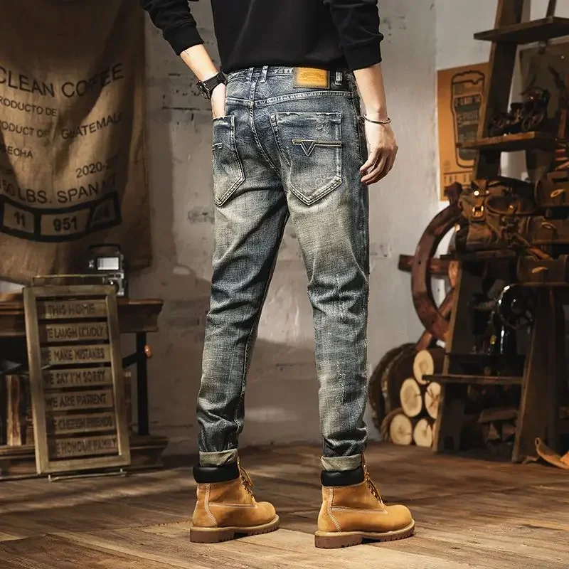 Jeans rasgado masculino com buracos, calça de cowboy cônico, carga rasgada, roupa casual regular de alta qualidade, Y2K, anos 2000, quebrada