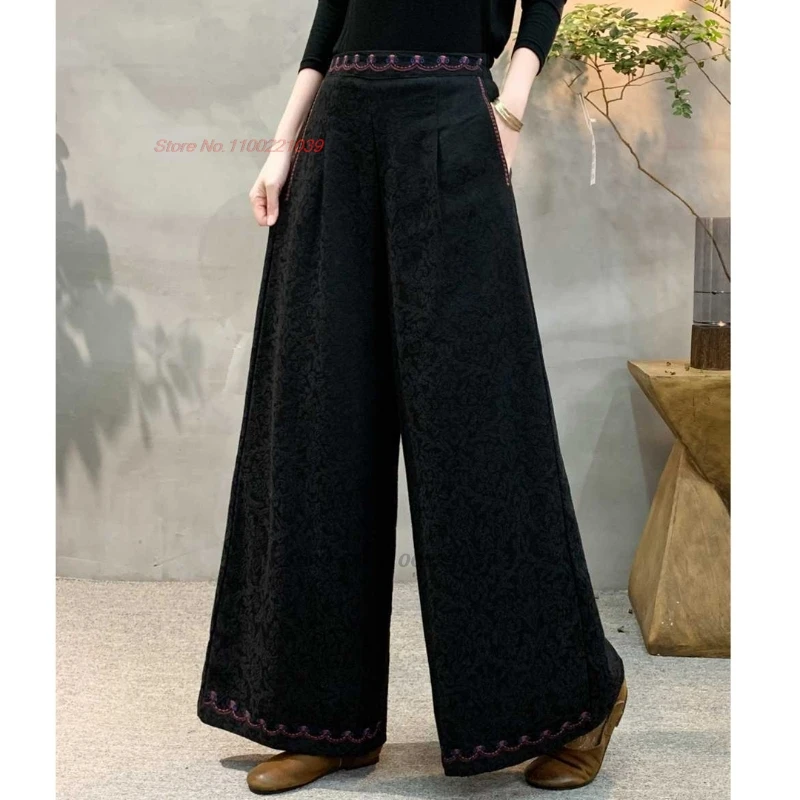 

2025 chinese vintage pants cotton linen jacquard fleece lined trousers retro flower embroidery elastic waist wide leg trousers