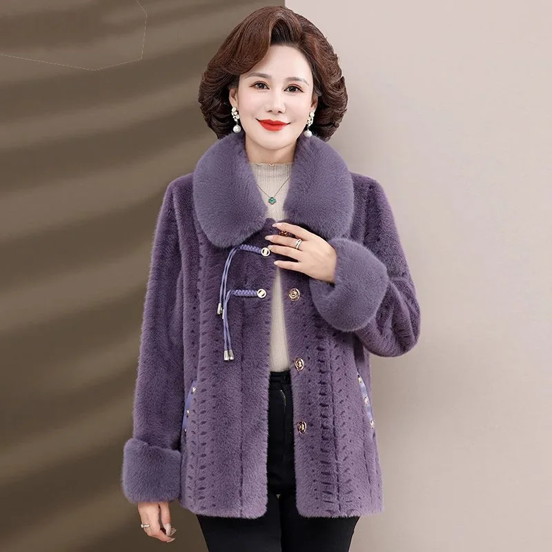 High-quality Mother Winter Fur Jacket Noble Women Mink Coat Middle Aged Female Fox Fur Collar Short Overcoat Mink Velvet Outwear