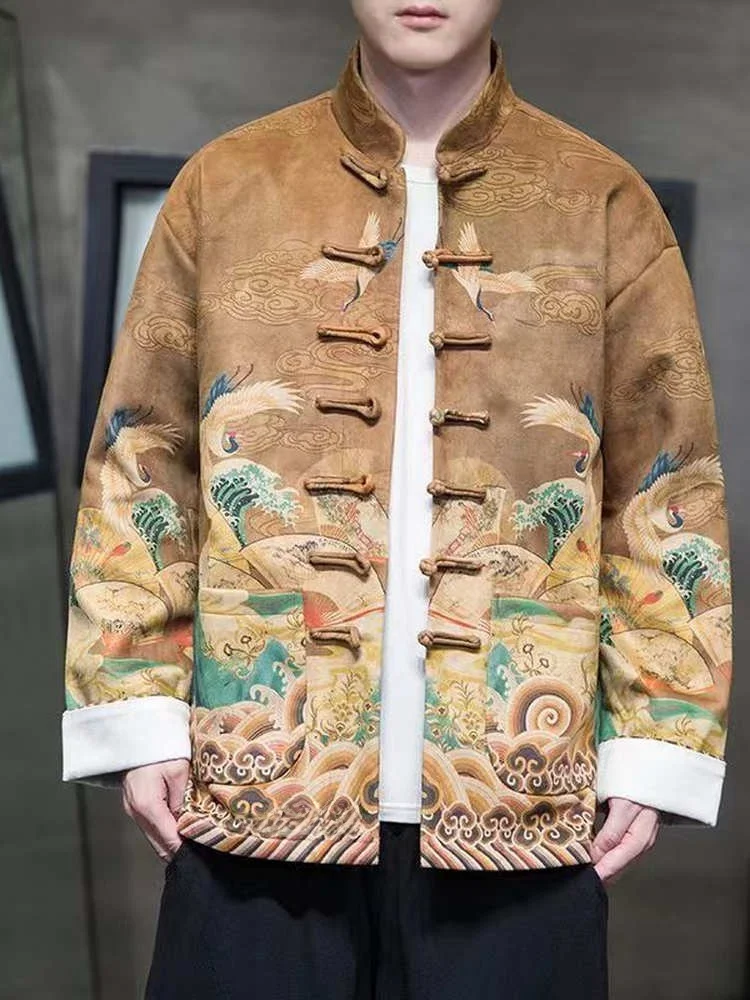 Spring Autumn Men's Youth Chinese Style Jacket Printed Hanfu Coat Stand Collar Button up Loose Fit Wear Resistant Long Sleeve