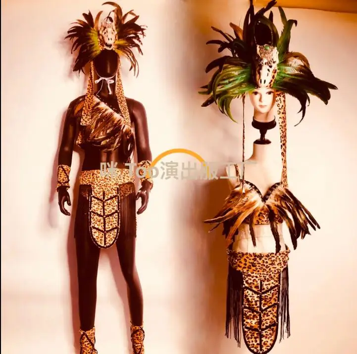 

Party Performance Attire Indian Wild Man Leopard Print Feather GOGO.DS.DJ