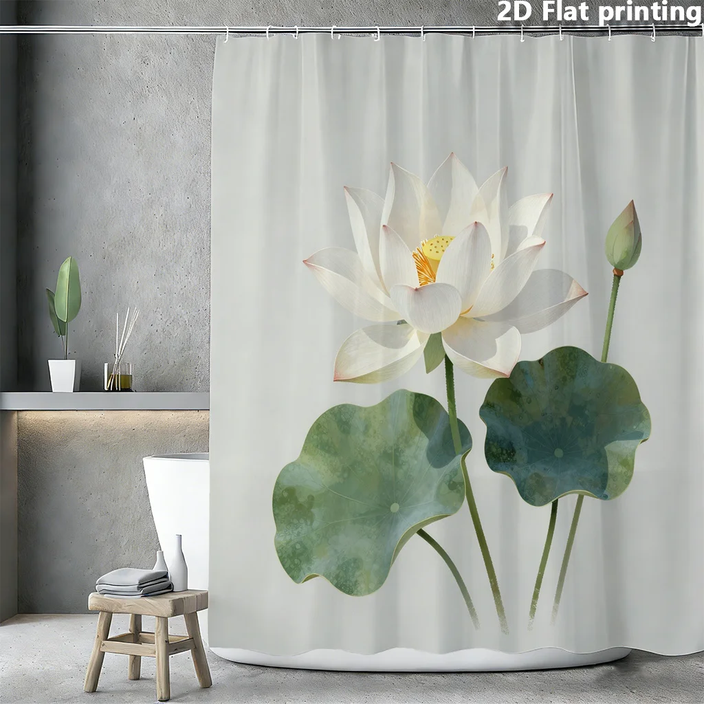 ホワイトロータス＆リーフシャワーカーテン-–-白地に水彩画の植物デザイン、ポリエステル製、12個のグロメット、洗濯機で洗えます