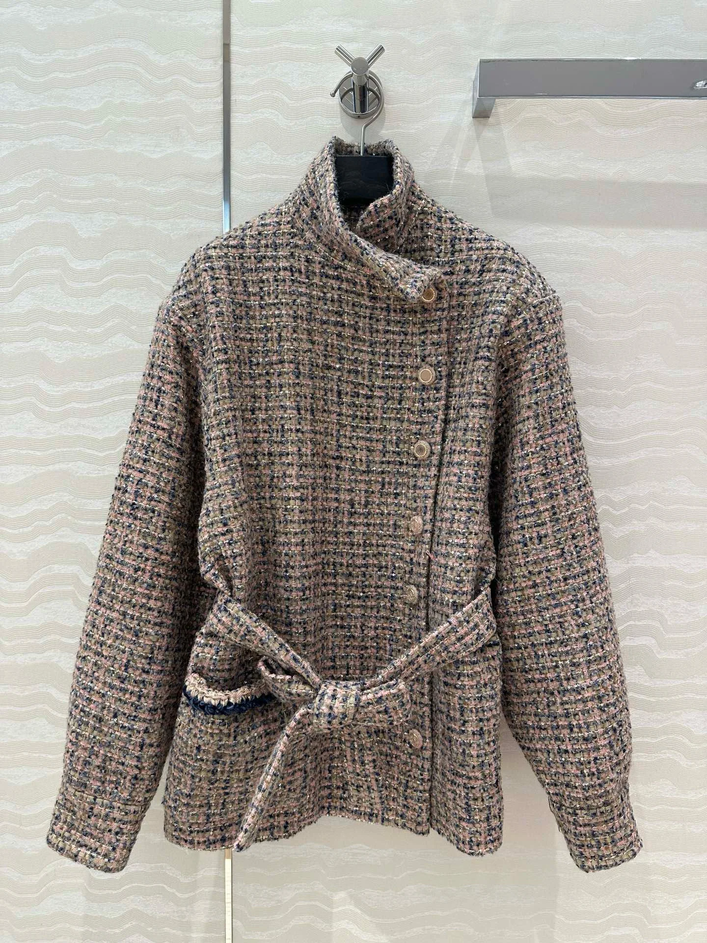 

Women's new jacket with plaid stand up collar, waist belt, diagonal buckle, medium to long style
