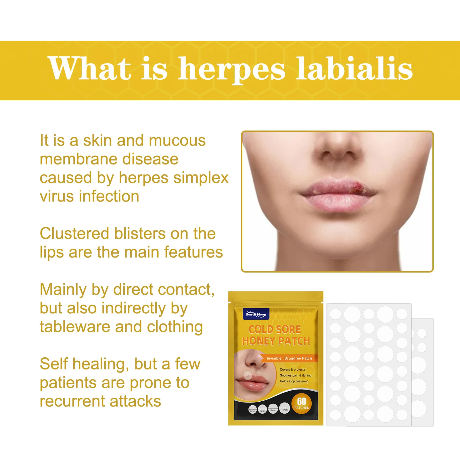 رقعة عسل قرحة باردة لقمر الجنوب ، علاج بثور يخفي ، يحمي البلسم ، الجلود ، القروح الباردة ، 60 رقعة