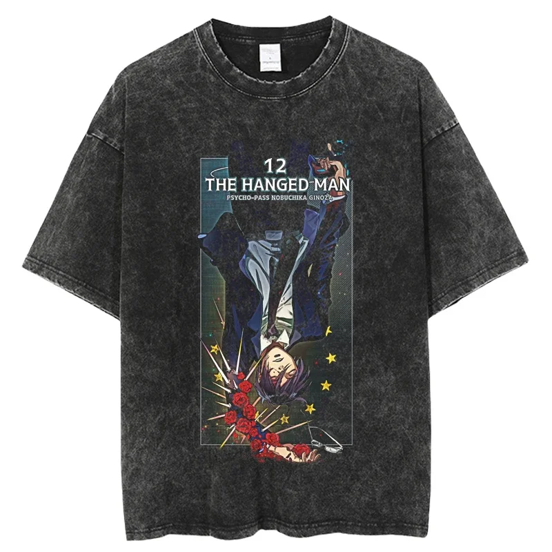 Punk Psycho Pass Mens Black Vintage Tshirt Anime Graphic Print Washed TShirt Hip Hop Streetwear Summer Short Sleeve Harajuku