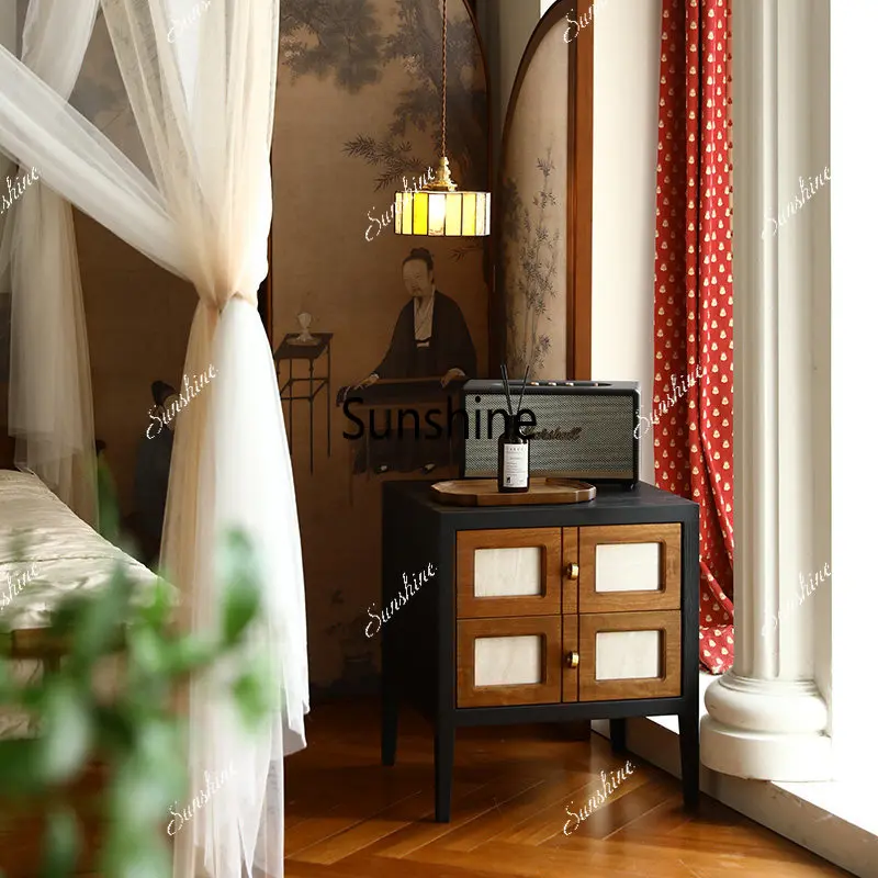 French retro bedside table contrasting color simple side cabinet Chinese style solid wood bedside table