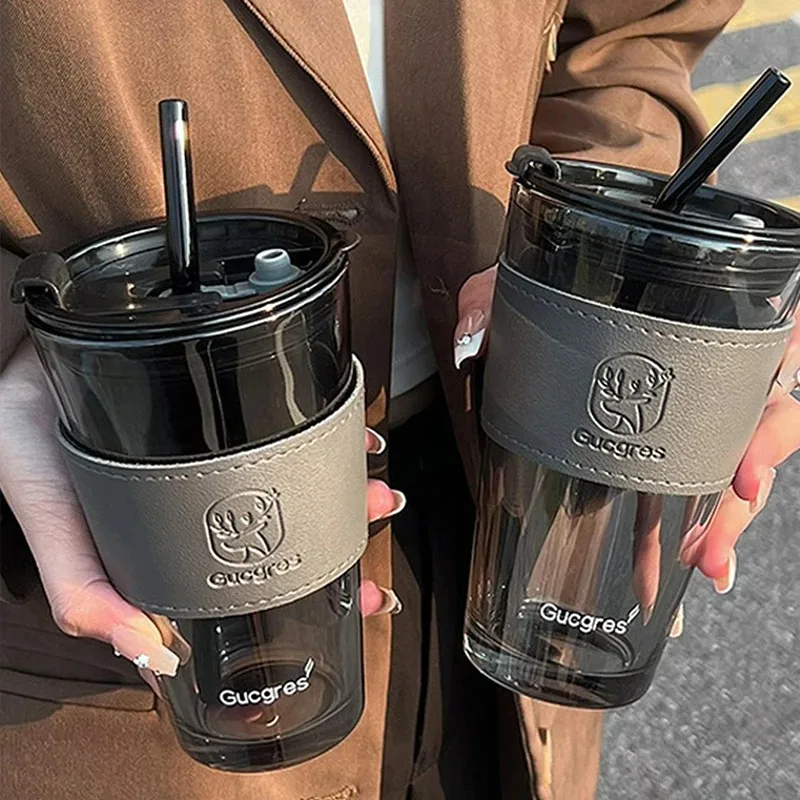 Taza de cristal de bambú de viento de alta belleza de 450ML, taza de paja de verano de gran capacidad para mujer