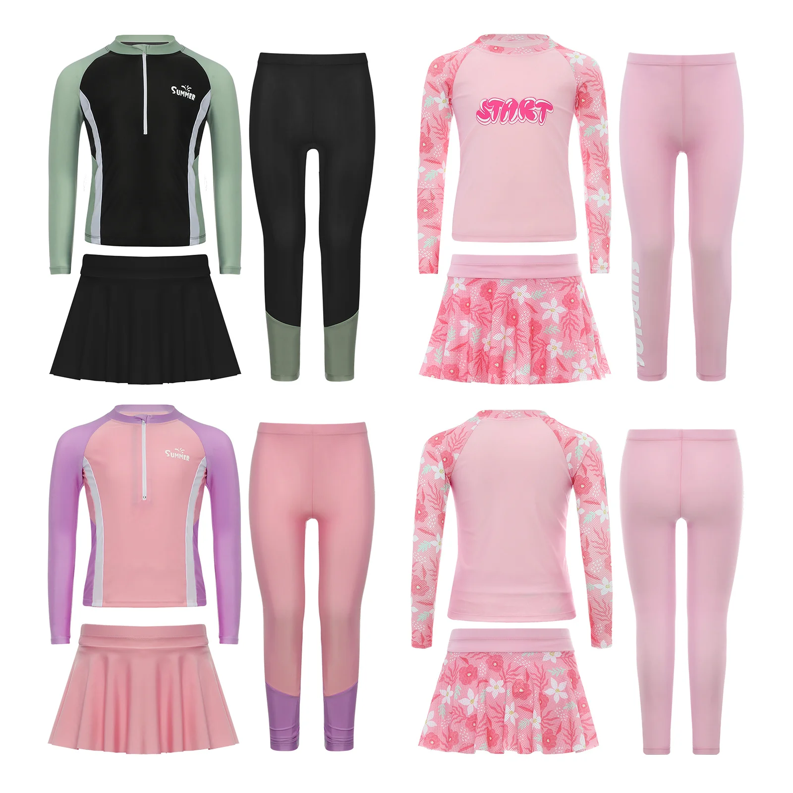 Kids Girls Three Pieces Swimsuit Long Sleeves Zipper Tops with Pants and Skirt Set Swimwear Summer Beach Rashguard Bathing Suits
