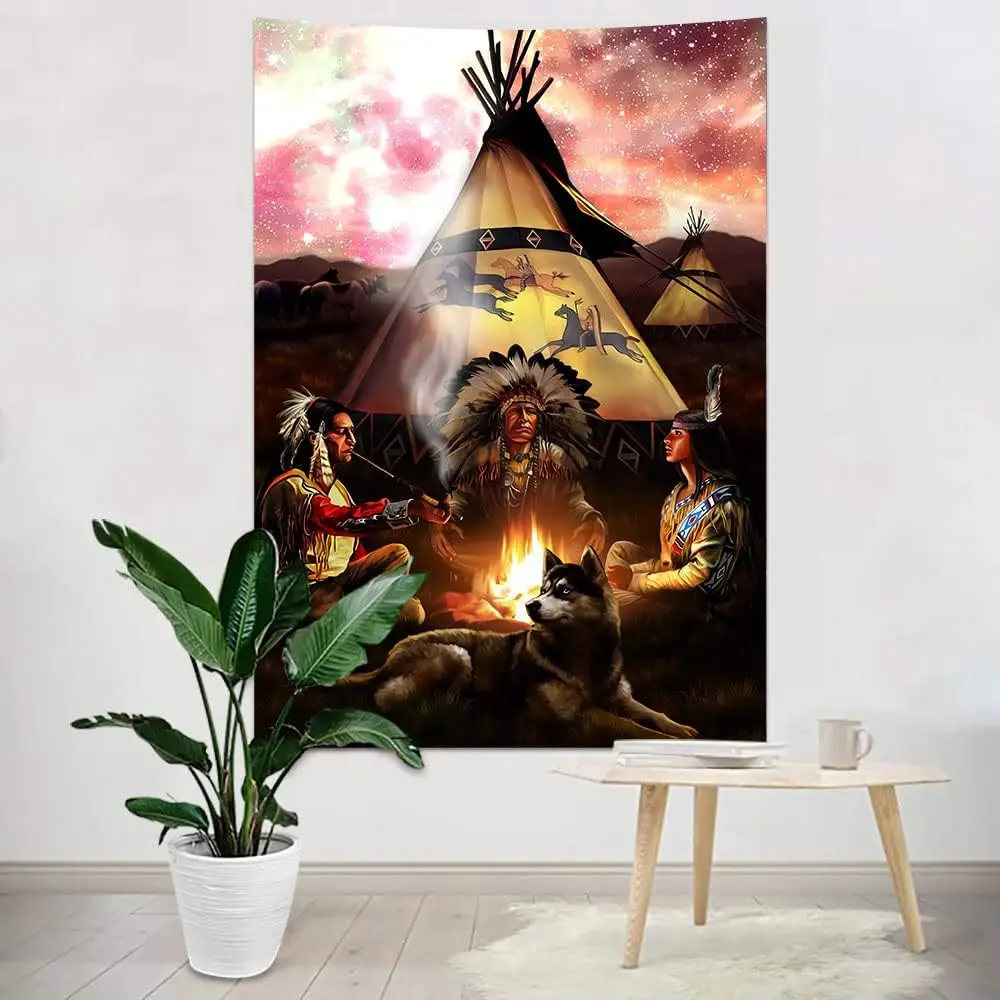 Bohemian Native Tapestry, Tribal Campfire Scene with Chief, Wolf and Starry Night Print Wall Hanging, Great For Living Room
