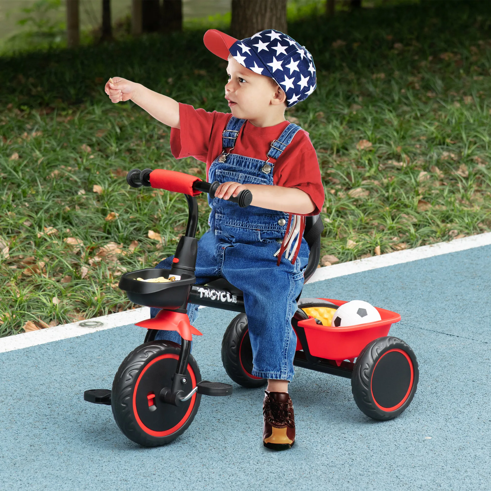 AIYAPLAY Driewieler met verstelbare zitting, pedalen, 2 manden, veiligheidsgordels, geschikt voor kinderen van 2 tot 5 jaar – rood en zwart
