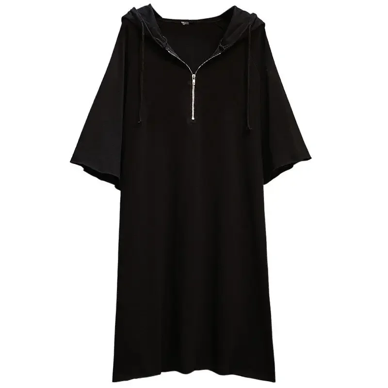 Novedad de verano, vestido camisero de retazos con cremallera, manga corta con capucha, vestidos informales sencillos y lisos, ropa Vintage de moda para mujer