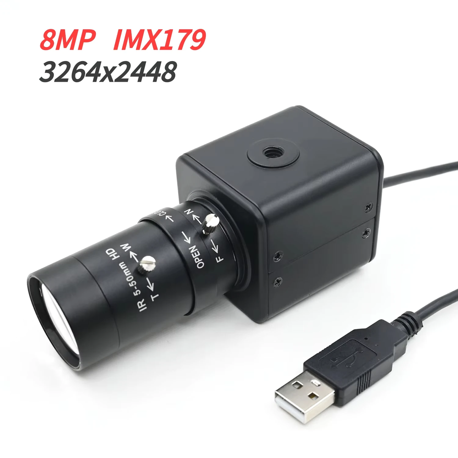 8MP USB Camera HD Mini Box Webcam IMX179 with 5-50mm 2.8-12mm Varifocal Lens for Static High-Speed Shooting 3264x2448 15fps