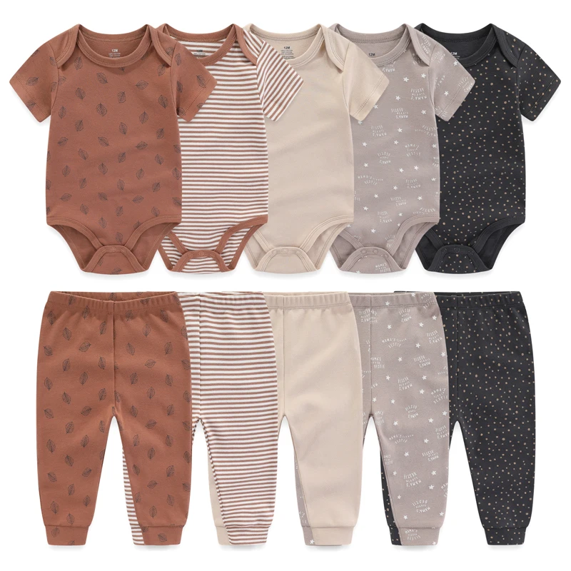 10-Piece Baby Girl Bodysuits+Pants Clothing Sets Bebe Boy Clothes Cartoon Cotton Infant Short Sleeves Onesies