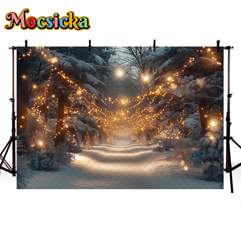 Christmas Night Photography Background Snow Glitter Lights Street Forest Decor Kids Adult Family Portrait Photo Backdrop Studio