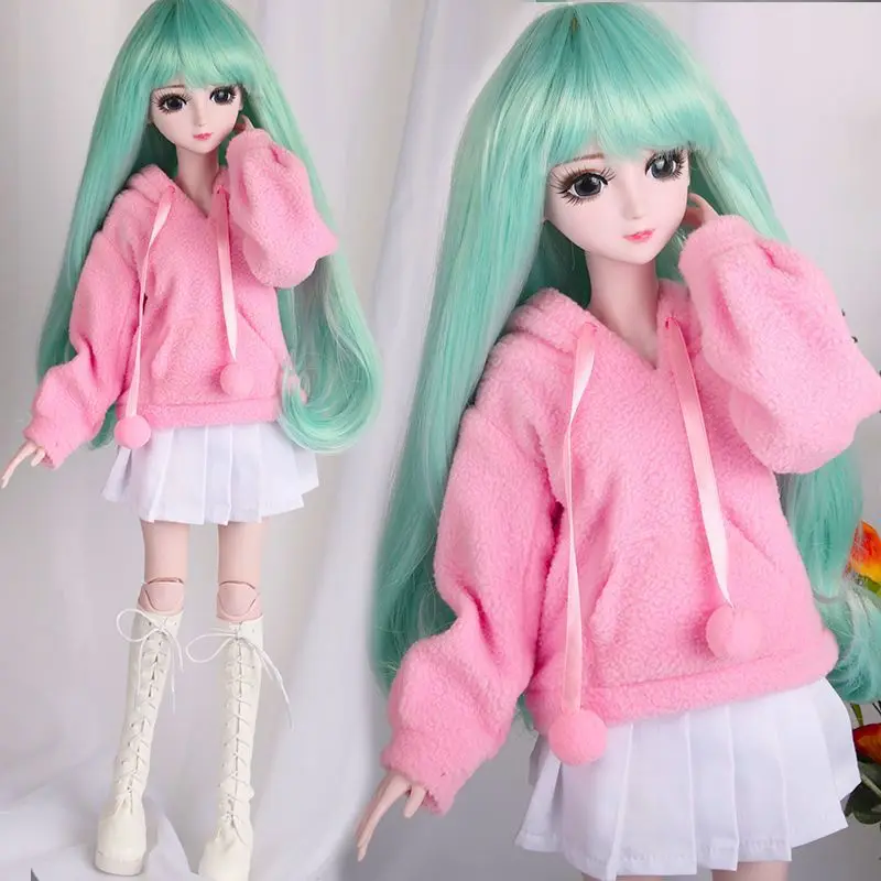 Casual Fleece Hoodie Outfit For 1/3 60cm BJD Doll, Pink Drawstring Hooded Sweatshirt With White Pleated Skirt, Doll Excluded