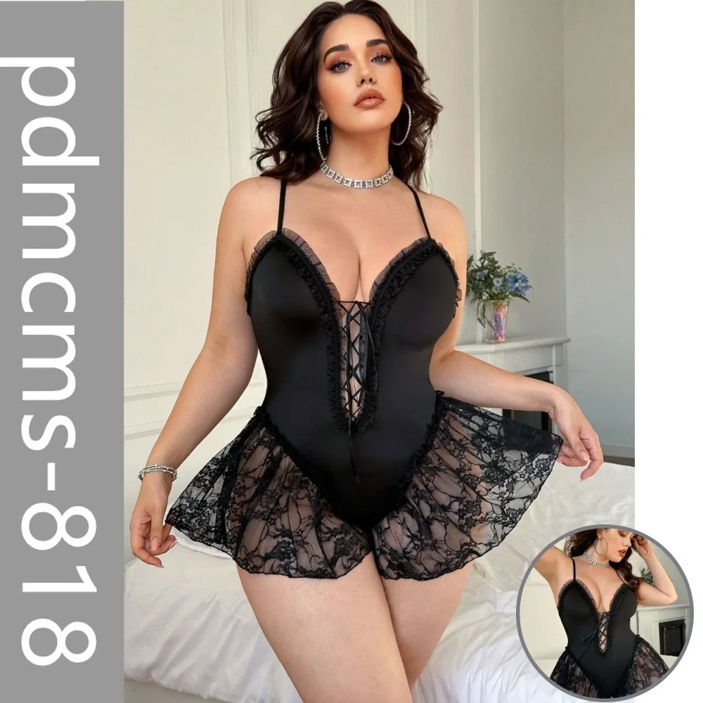 

2025 new DZ European and American plus size lace hollow onesie large size fat size slim fit underwear pajamas