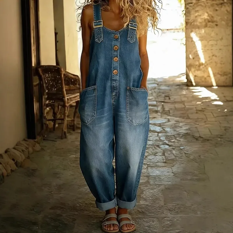 Overol vaquero vintage para mujer, de pierna ancha, con tirantes ajustables con hebilla, botones frontales, bolsillos y puños enrollados, estilo casual y holgado.