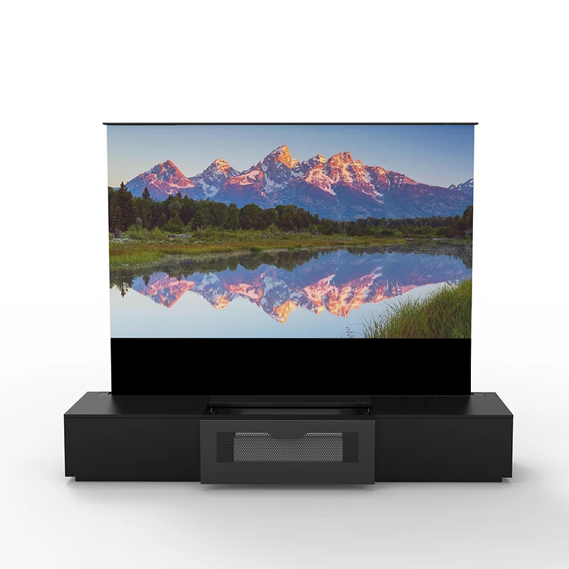 

100/120inch UST Laser Projector Motorized Cabinet with Motorized Floor Rising Black Grid UST Projector Screen Integrated Cabinet