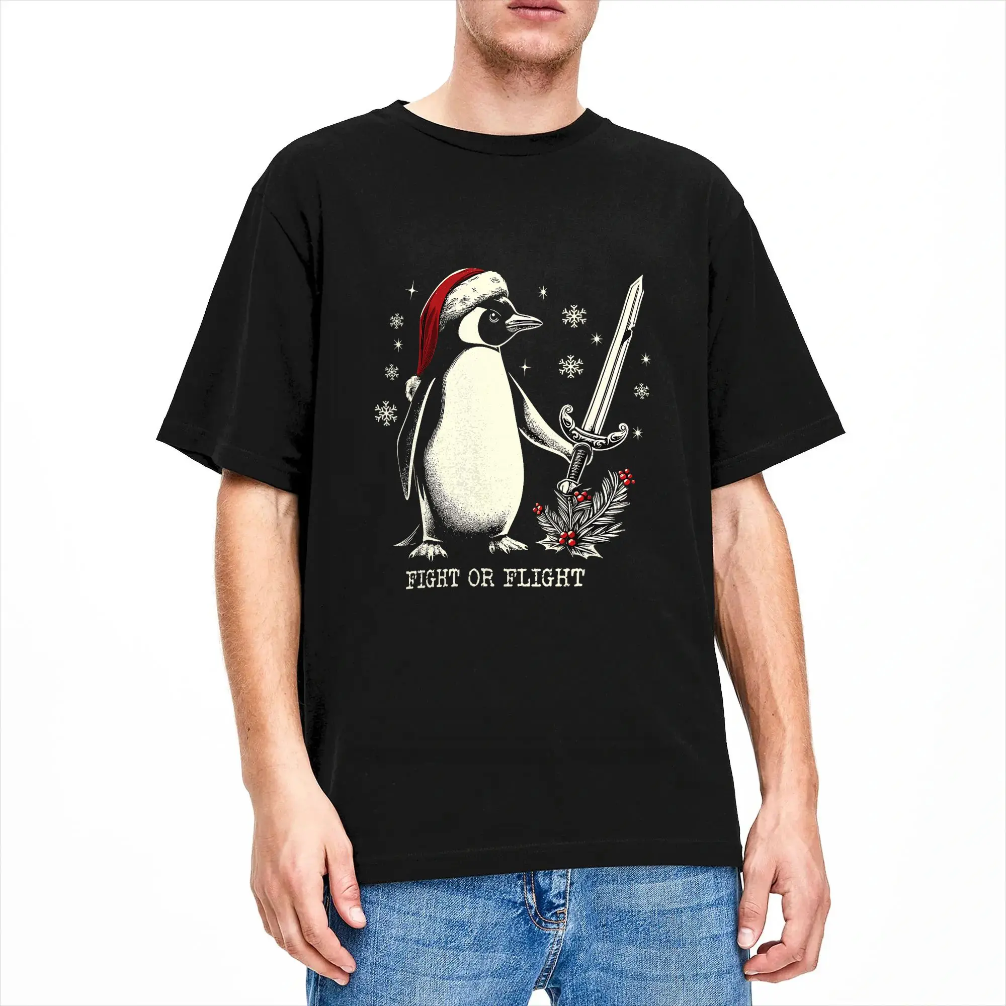Vintage T-Shirt Beach Fight or Flight Penguin Christmas Penguin Popular T Shirts  Cotton Tshirt for Adult Y2K Short Sleeve Tops