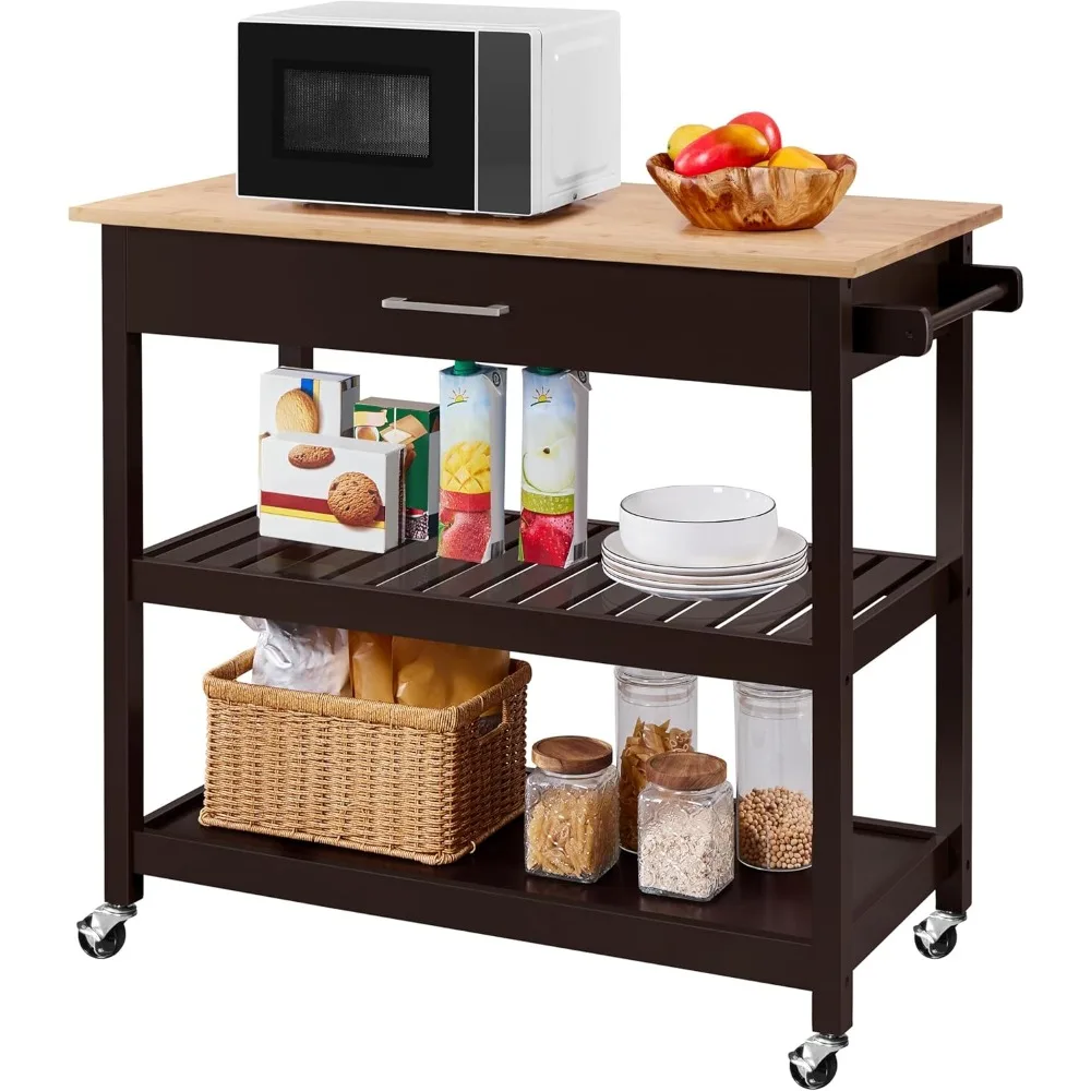 

Kitchen Island on Wheels with Bamboo Tabletop, 3-Tier Rolling Kitchen Cart Microwave Oven Cart Serving Trolley