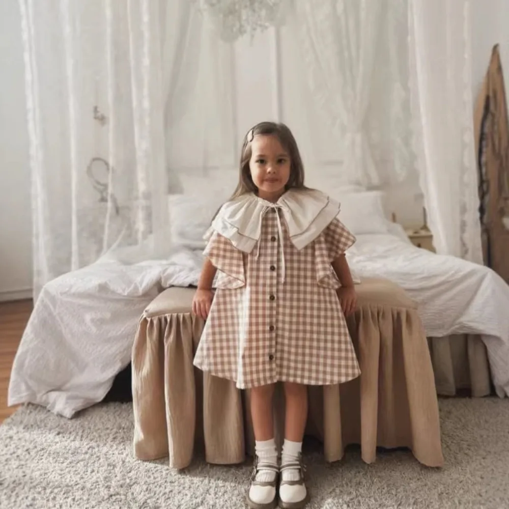 Spring Summer Girls Plaid Cotton Dress Ins Popular Flutter Sleeve Open Front Cardigan  Ruffle Collar JK Style Princess Dress