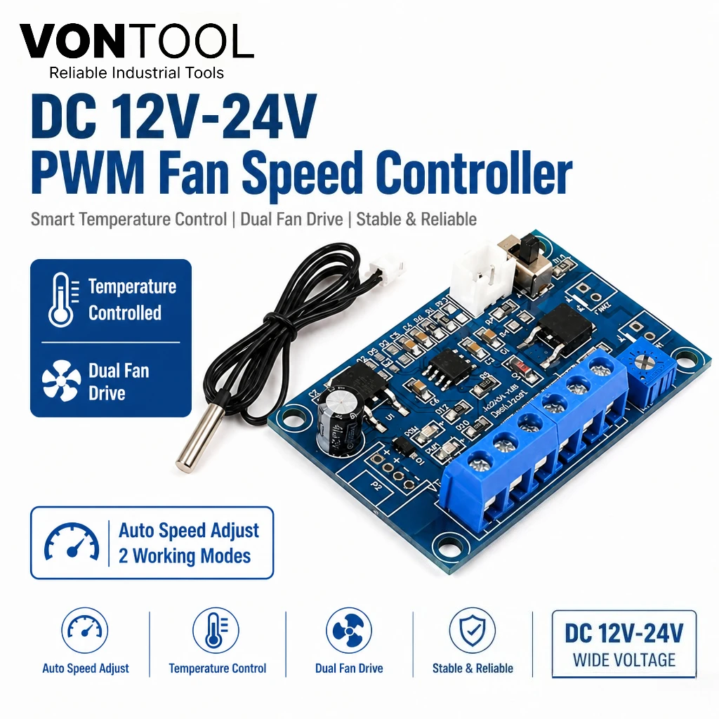 

12V 24V PWM Fan Temperature Controller Automatic Adjuster Dual Fan Drive with Sensor for Computer Cabinet Cooling