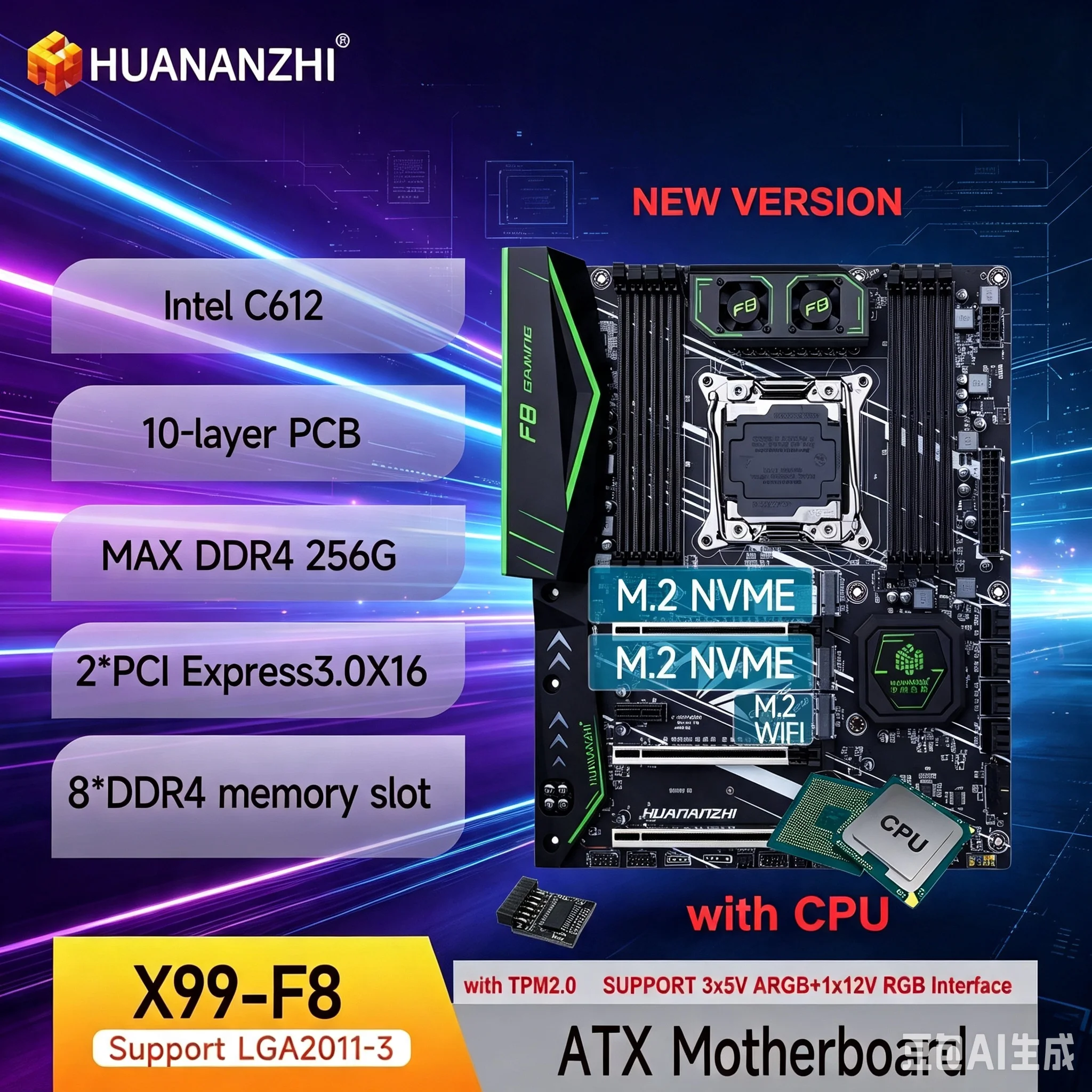 HUANANZHI LGA2011-3 X99 Motherboard X99 F8 Combo for Xeon E5 V3 V4 DDR4 RECC TPM2.0 3 ARGB+1 RGB ATX M.2 NVMe USB3.0 SATA3