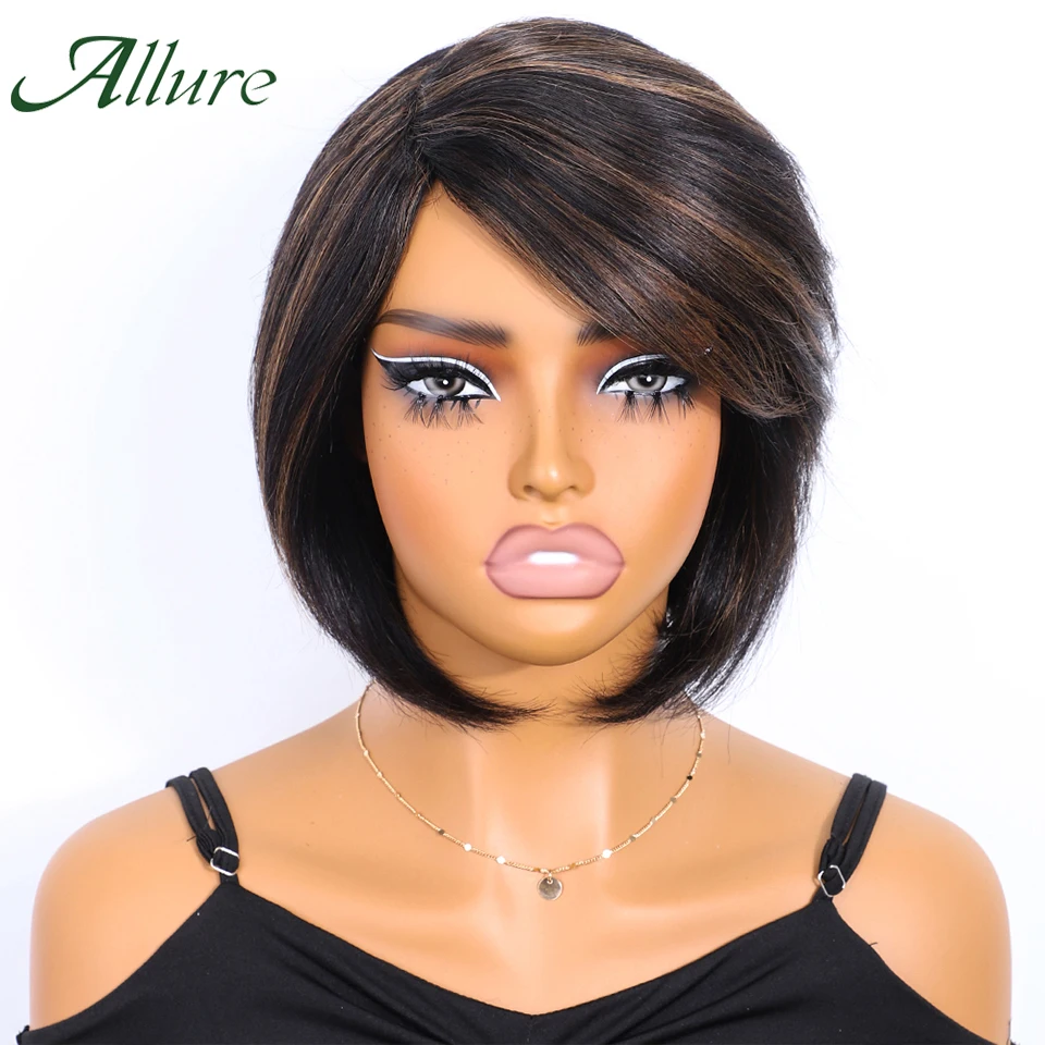 

Парик Allure Brazilian Short Straight Bob из натуральных волос с челкой, полностью машинной работы, с боковым пробором, F1B/30, для женщин.