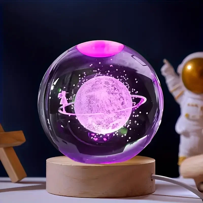 

1 шт., хрустальный шар, ночник, лазерный резной подарок на день рождения, стеклянный шар, украшение для домашней столешницы с деревянной основой