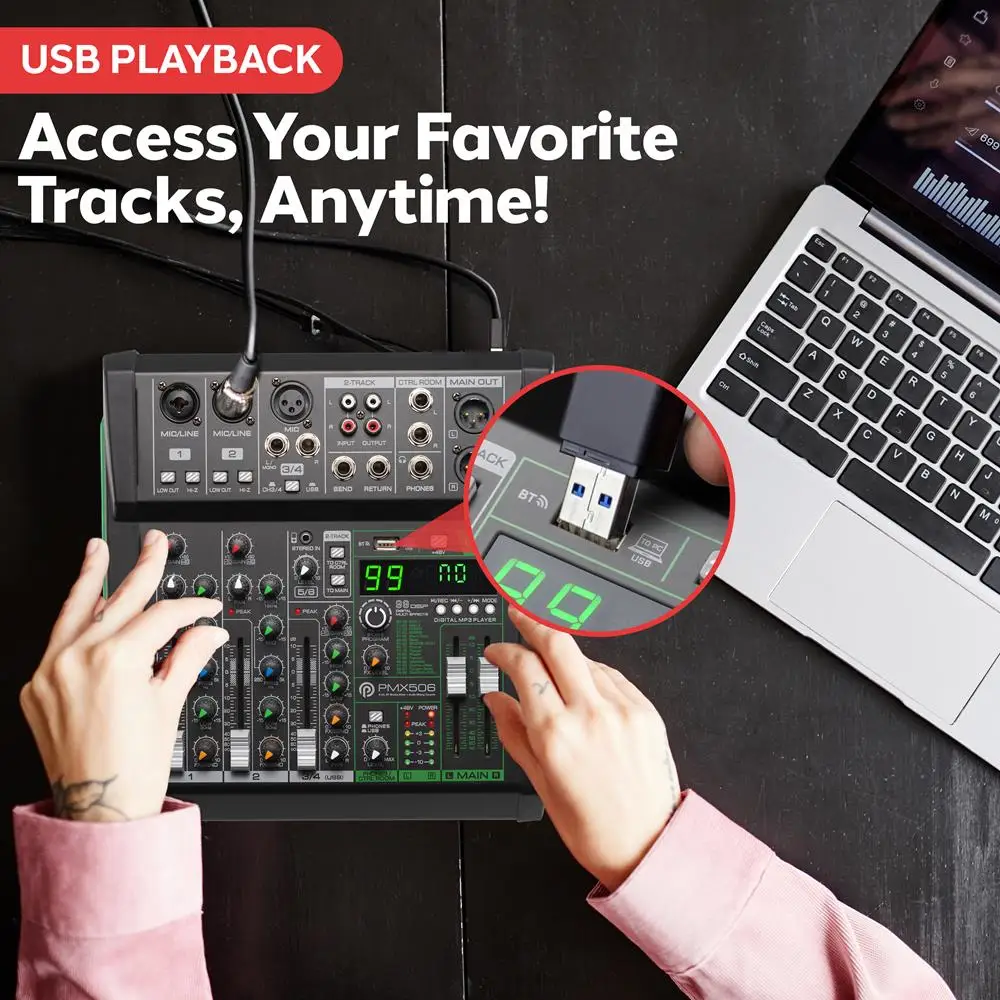 خلاط صوت ذو 6 قنوات، وحدة تحكم DJ ستوديو بلوتوث، تأثيرات رقمية، واجهة USB، متوافق مع MP3، مدخلات XLR