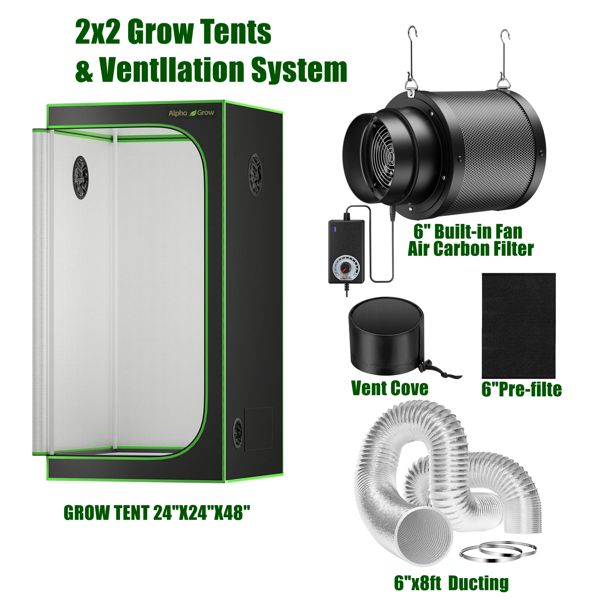 

ALPHAGROW 2x2ft 24 "x 24" x 48" комплект палатки для выращивания с 6-дюймовым воздушным угольным фильтром, австралийским девственным углем и регулятором скорости